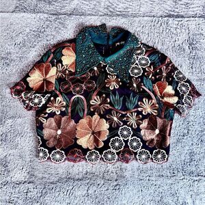 Jade Sky Embroidered Beaded Collar Blouse Floral Size M Cottagecore Whimsy Fairy